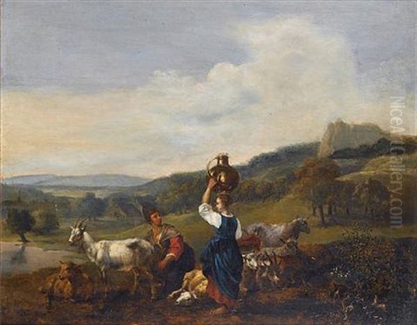 Two Peasant Women With Goats In An Italianate Landscape Oil Painting by Hendrick Mommers