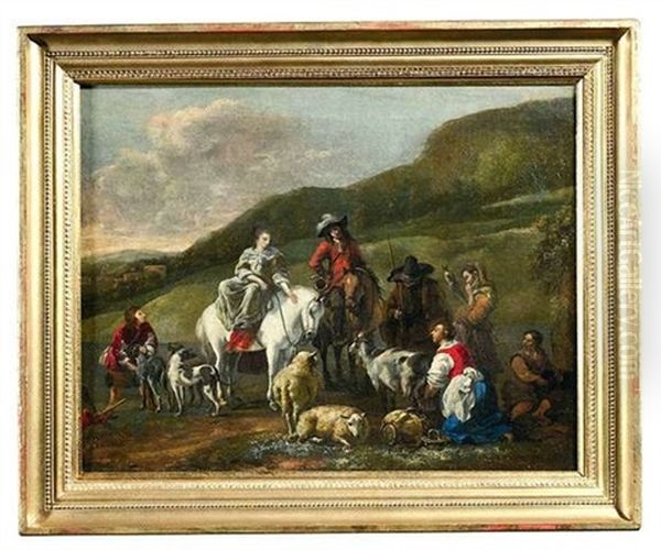 Elegantes Paar Zu Pferd Mit Jagdhunden Im Gesprach Mit Einer Gruppe Von Schafern Und Ihrem Vieh by Hendrick Mommers