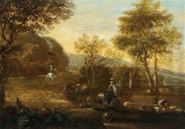 Hirten Mit Ihrer Herde Und Ein Reiter In Einer Weiten Bewaldeten Landschaft Oil Painting by Hendrick Mommers