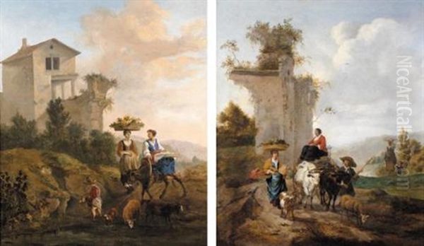 Italianate Landscape With Drovers And Their Animals Carrying Their Produce To Market (+ Another, Similar; Pair) Oil Painting by Hendrick Mommers