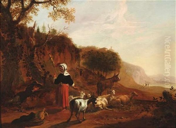 Italienische Landschaft Mit Rastendem Hirtenpaar, Schafen, Ziegen Und Eseln Oil Painting by Hendrick Mommers