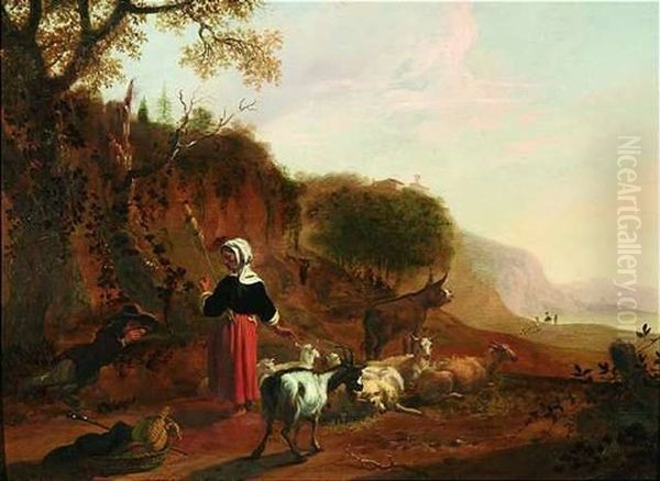 Italienische Landschaft Mit Rastendem Hirtenpaar, Schafen, Ziegen Und Esel Oil Painting by Hendrick Mommers