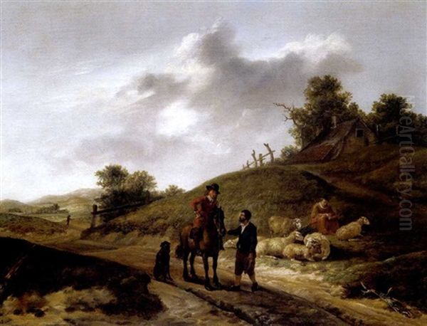 Ein Rastender Reiter Und Hirten In Einer Dunenlandschaft Oil Painting by Hendrick Mommers