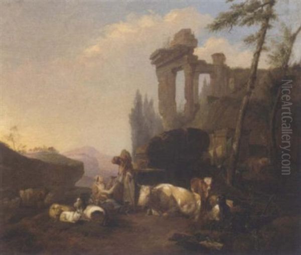 A Classical Landscape With A Herdsman And His Family Resting By A Fountain With Their Cattle And Goats Oil Painting by Hendrick Mommers