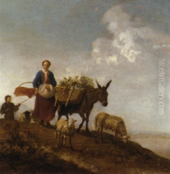 A Shepherd And His Flock With A Girl And Her Donkey In The Foreground Oil Painting by Hendrick Mommers