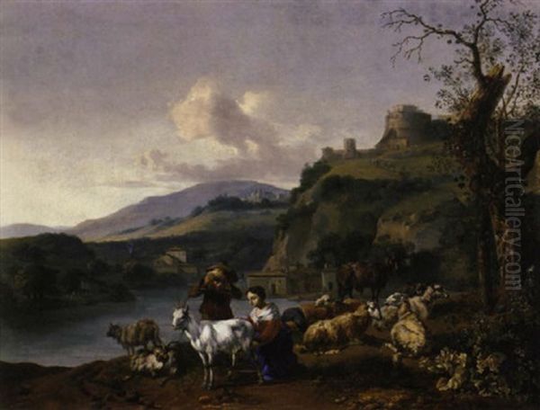 An Italianate River Landscape With A Shepherd And A Shepherdess With Their Flock, A Village Beyond Beneath A Hill With The Mausoleum Of Hadrian Oil Painting by Hendrick Mommers