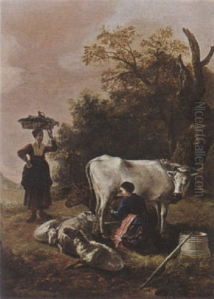 A Maid Milking A Cow Oil Painting by Hendrick Mommers