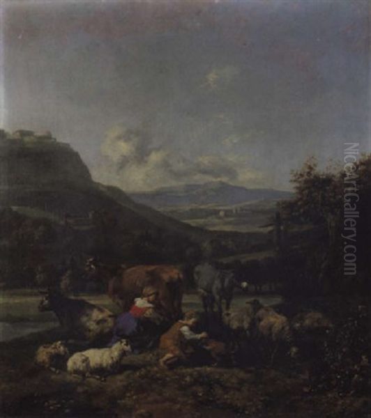 Sudliche Landschaft Mit Einer Hirtin Und Vieh Oil Painting by Hendrick Mommers