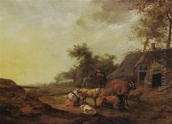 A Landscape With A Maid Milking A Sheep, A Shepherd Watching With Sheep And Cows, A Farm Nearby Oil Painting by Hendrick Mommers