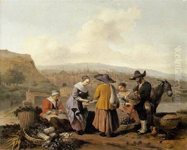 Reunion De Marchands De Legumes Devant Une Ville Hollandaise Oil Painting by Hendrick Mommers