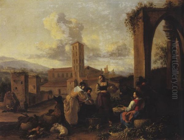 A Vegetable Market With Peasants Trading Near A Ruinous Arch, An Italian Basilica And Mountains Beyond Oil Painting by Hendrick Mommers