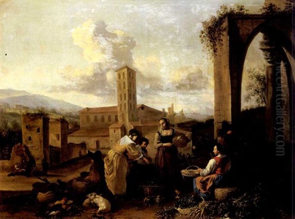 A Vegetable Market With Peasants Trading Near A Ruinious Arch, An Italian Basilica And Mountains Beyond Oil Painting by Hendrick Mommers