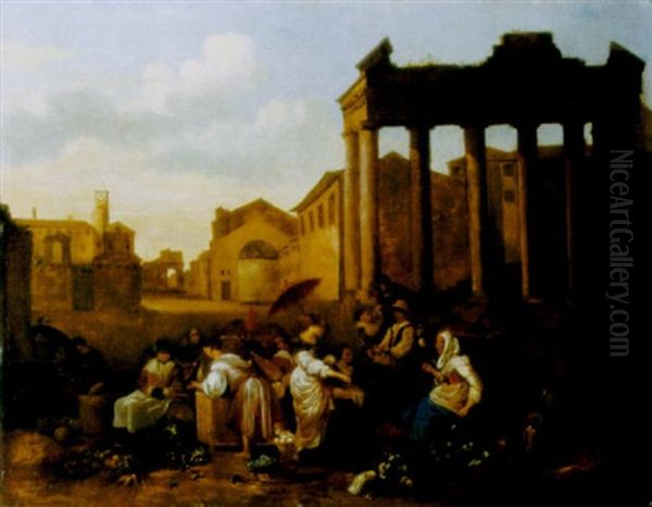 Gemusemarkt Vor Einer Italienischen Stadt Mit Antiken Ruinen Oil Painting by Hendrick Mommers