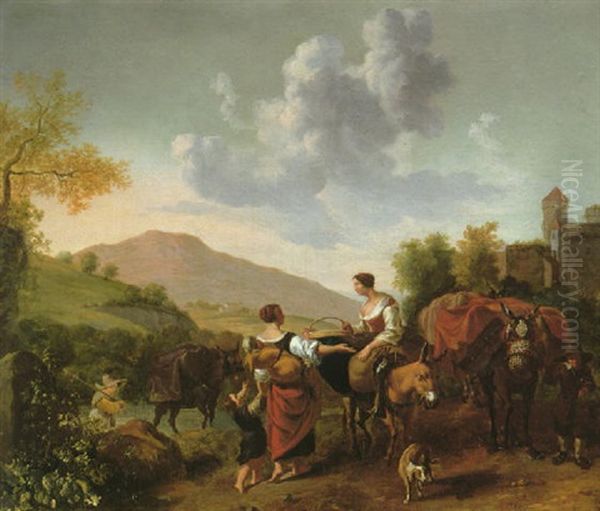 Morning: Two Peasant Women Conversing On A Path With Children And Animals In An Italianate Landscape With A Walled Town And Mountains Beyond Oil Painting by Hendrick Mommers