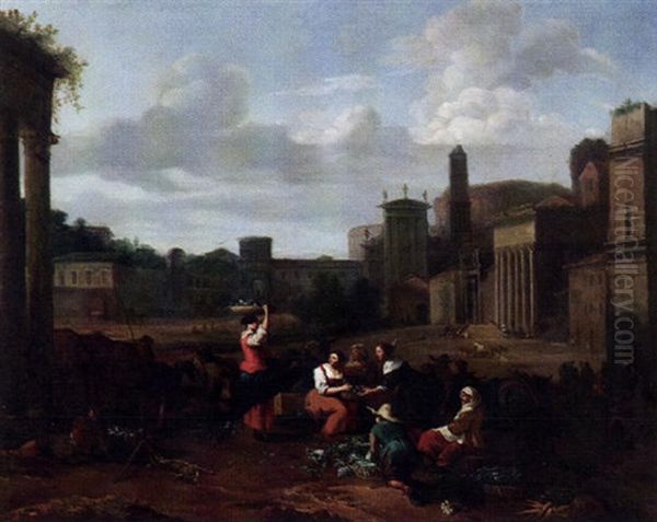 Vieh- Und Gemusemarkt Vor Antiker Romischer Gebaudekulisse Oil Painting by Hendrick Mommers