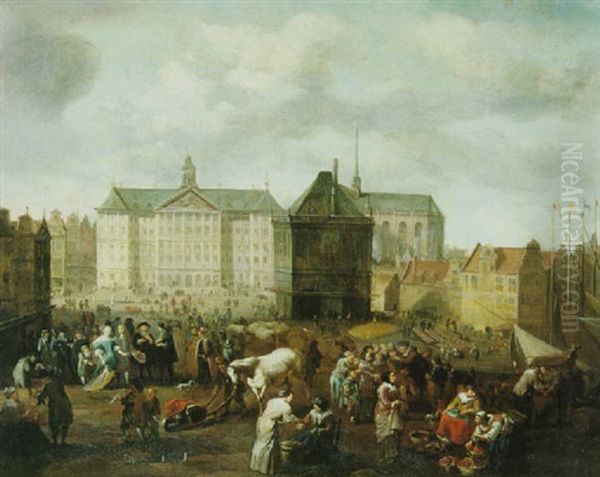 In Amsterdam. Blick Auf Das Rathaus Mit Der Waage Und Der Nieuwe Kerk Oil Painting by Hendrick Mommers