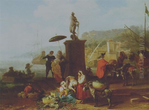 Figures In Italianate Harbor Oil Painting by Hendrick Mommers