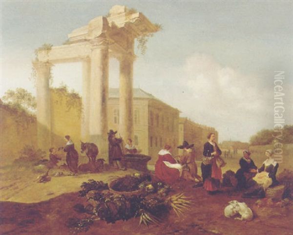 A Market Near A Fountain By A Classical Ruin In An Italian Piazza Oil Painting by Hendrick Mommers