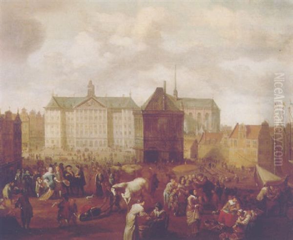 Elegant Townsfolk And Merchantmen On The Dam, Amsterdam, The Town Hall, The Waag And The Nieuwe Kerk Beyond Oil Painting by Hendrick Mommers