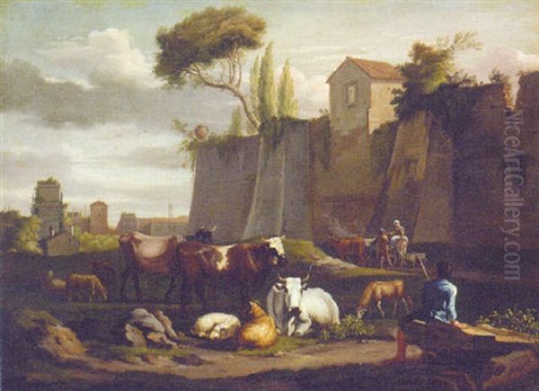 A Drover With Cattle And Sheep Before A Walled Town Oil Painting by Hendrick Mommers