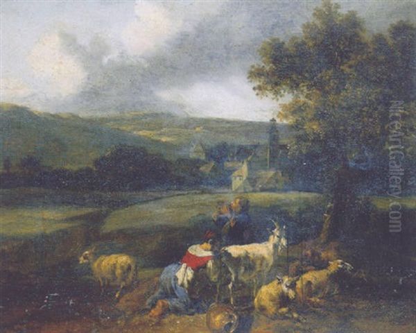 A Milkmaid And A Shepherd By A Tree In An Italianate Landscape Oil Painting by Hendrick Mommers