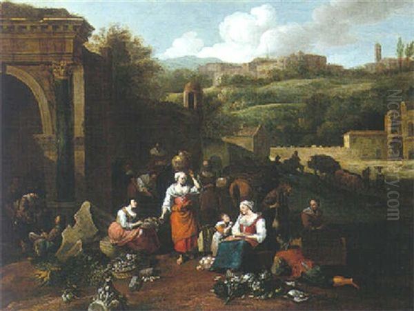 A Classical Landscape With Travellers Resting With Their Market Produce In Front Of Ruins Oil Painting by Hendrick Mommers