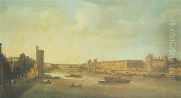 Vue Du Louvre Depuis Le Pont Neuf Avec La Tour De Nesle Oil Painting by Hendrick Mommers