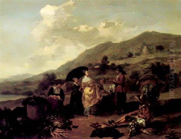 An Italianate Landscape With Travellers On Their Way From Market Oil Painting by Hendrick Mommers