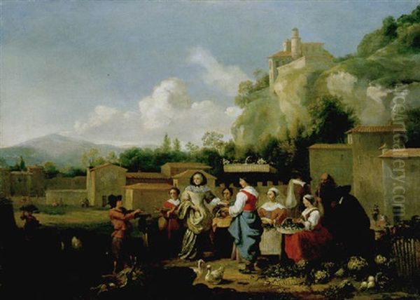 A Market Scene With Vegetable And Poultry Sellers Within A Walled Italianate Town Oil Painting by Hendrick Mommers