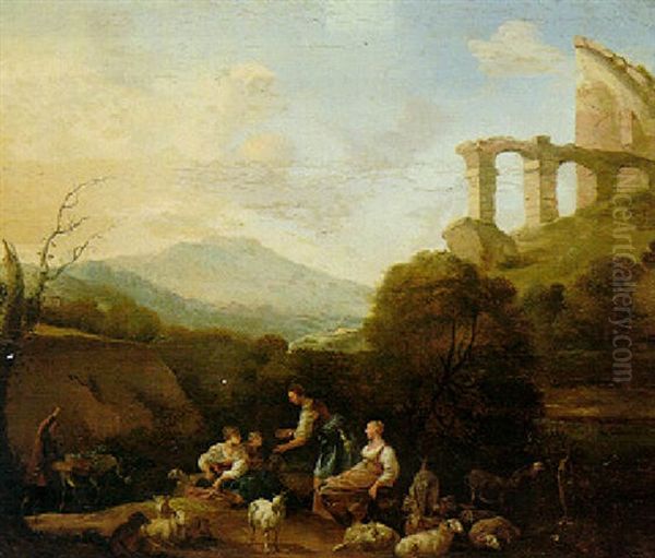 Mountainous Landscape With A Herd And Figures, Ruins Beyond Oil Painting by Hendrick Mommers