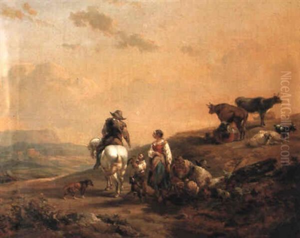 An Italianate Landscape With A Horseman Passing Peasants By A Track Oil Painting by Hendrick Mommers