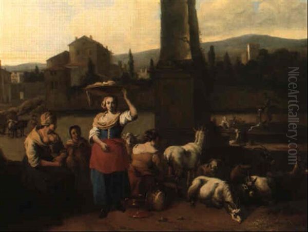 Shepherdesses And Goats By A Ruin Un An Italianate Landscape Oil Painting by Hendrick Mommers