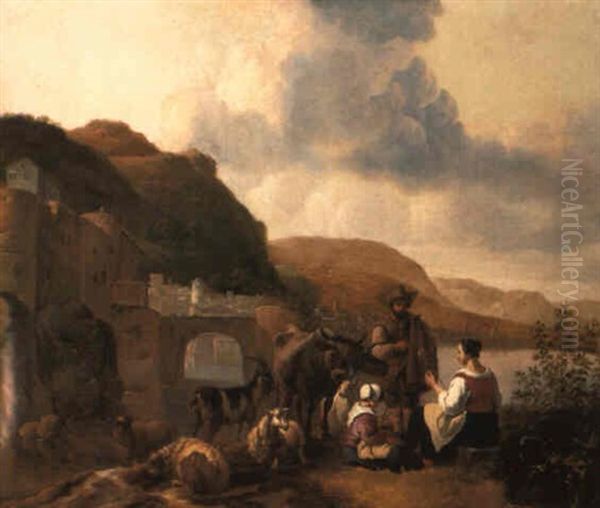 An Italianate Coastal Landscape With Neatherds And Their Animals Oil Painting by Hendrick Mommers