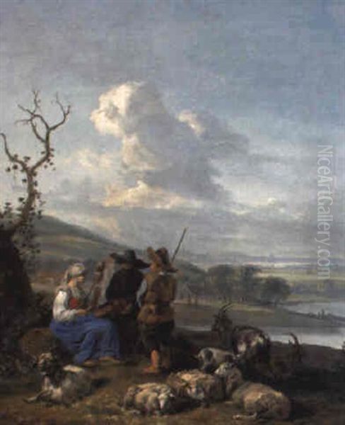 A Shepherd, A Shepherdess And A Beggar With Sheep And Goats Oil Painting by Hendrick Mommers