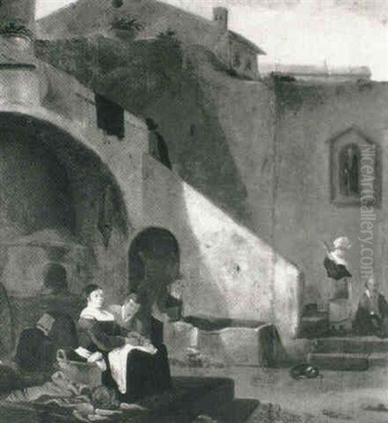 An Italianate Courtyard With A Cook, Washerwoman And Other  Figures Oil Painting by Hendrick Mommers