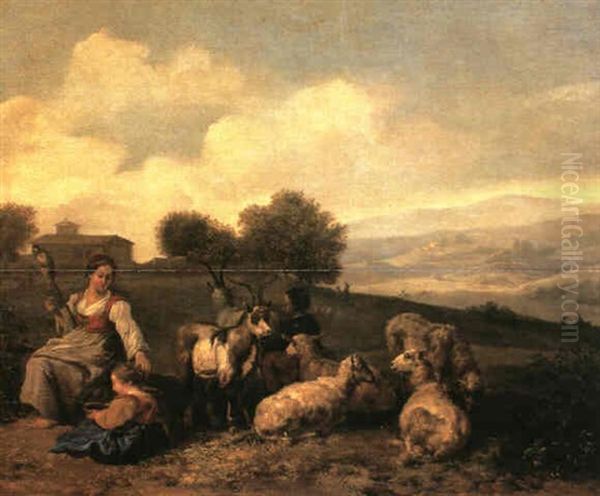 An Extensive Landscape With Sheep And Goats Attended By A   Shepherdess And Her Child Spinning Yarns Of Wool Oil Painting by Hendrick Mommers