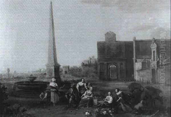 Women Preparing Vegetables In A Market Square Before An     Obelisk Oil Painting by Hendrick Mommers