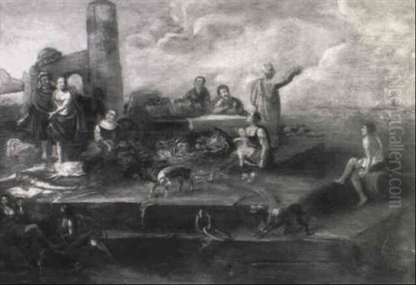 Stevedores And Other Figures With Fish And Vegetables On A  Quay Oil Painting by Hendrick Mommers