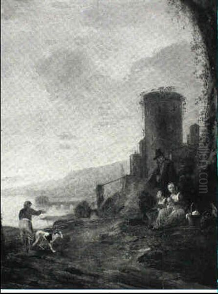 Italianate Landscape With Peasant Travellers Resting By A   Road, A Tower And Other Buildings By A River In The Distance Oil Painting by Hendrick Mommers