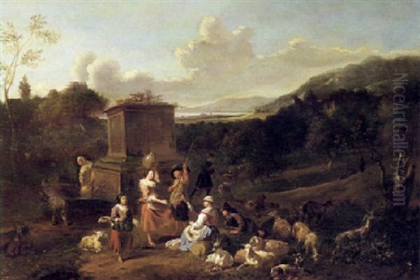 Italianate Landscape With Shepherds And Shepherdesses       Resting Near A Well Oil Painting by Hendrick Mommers