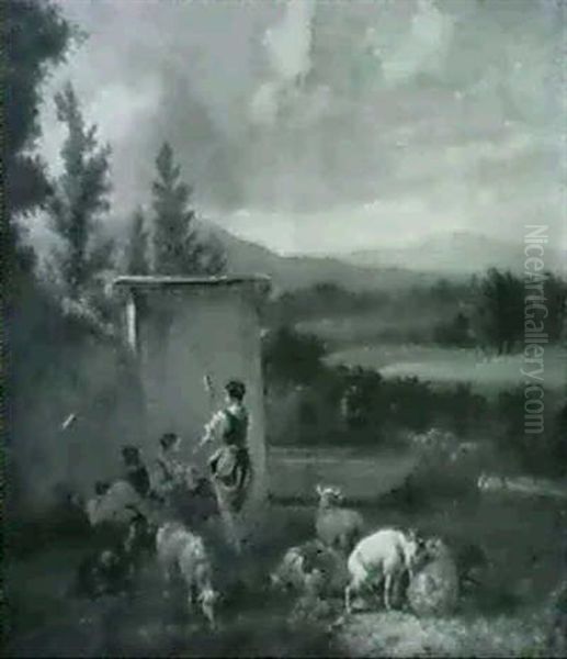 Southern Landscape With A Shepherd And Women By A Well Oil Painting by Hendrick Mommers