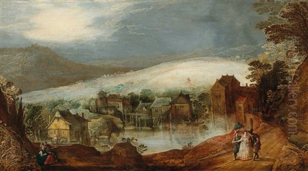 A Hilly Landscape With A Village By A River Oil Painting by Joos de Momper the Elder