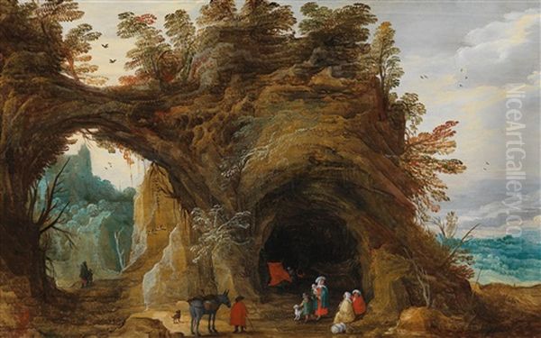 A Rocky Landscape With Travellers In Front Of A Cave Oil Painting by Joos de Momper the Elder