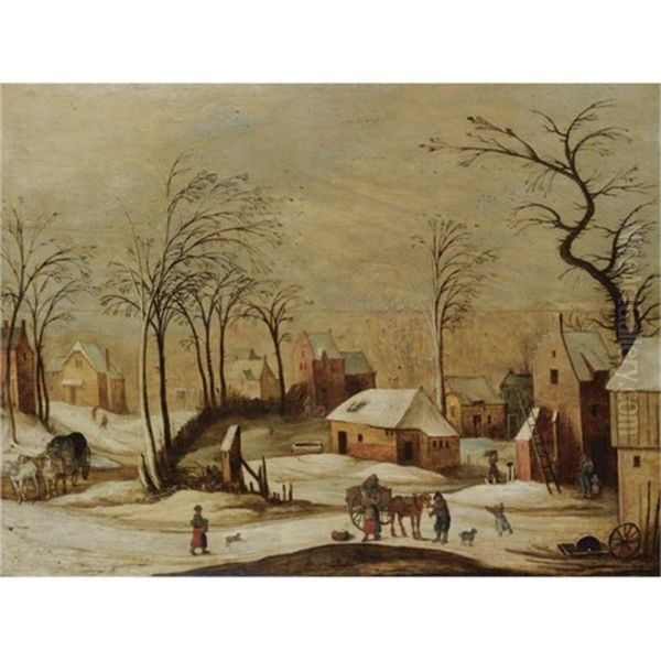 A Village Scene In Winter With Peasants Unloading A Cart In The Foreground, And A Horse And Carriage On A Path To The Left Oil Painting by Joos de Momper the Elder