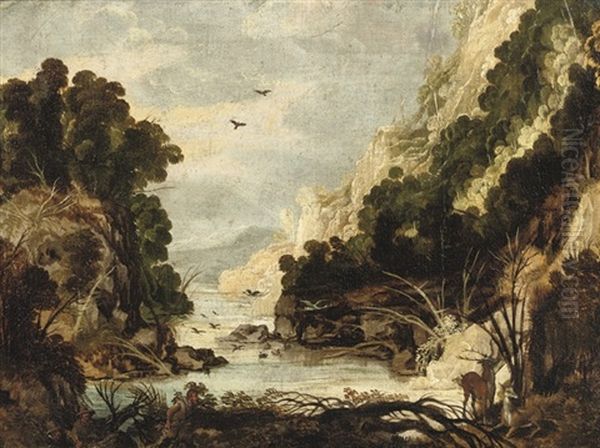 A Rocky River Landscape With Hunters And Deer Oil Painting by Joos de Momper the Elder