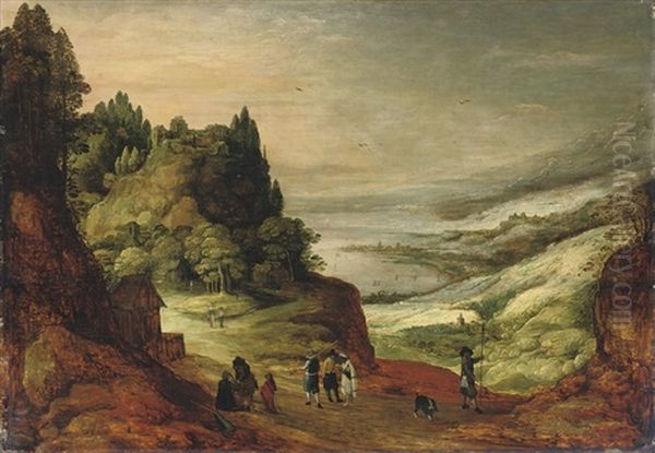 An Extensive Mountainous River Landscape With Figures Conversing On A Track Oil Painting by Joos de Momper the Elder