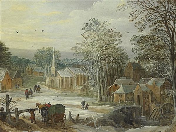 A Winter Landscape With Travellers Arriving At A Town (collab. W/ Jan Breughel Ii) Oil Painting by Joos de Momper the Elder