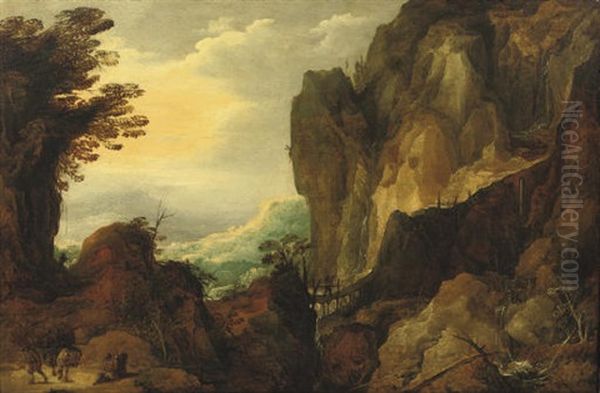 A Rocky Landscape With Travellers On A Path And Crossing A Bridge By A Waterfall Oil Painting by Joos de Momper the Elder