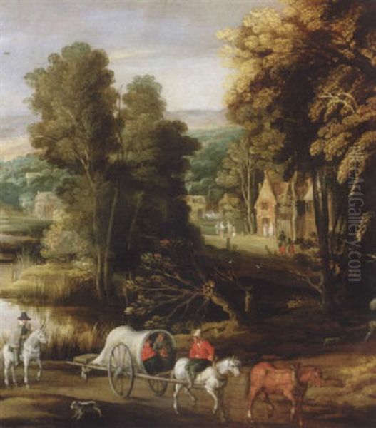 Landscape With Waggoners Beside A River, With A Village Beyond Oil Painting by Joos de Momper the Elder