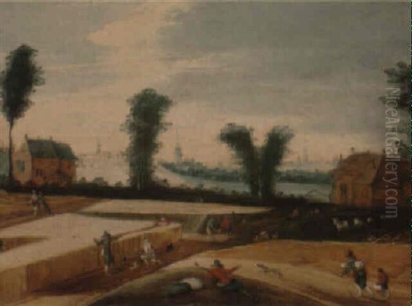 Landscape With Farmers Tending To Their Fields Oil Painting by Joos de Momper the Elder